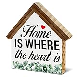Home Sign Home Is Where the Heart Is Wooden Block Sign Farmhouse House Shaped Sign Decor for Home Living Room Desk Table Shelf