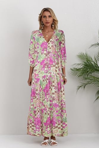 Image of Women Short Sleeve V Neck Floral Print Casual Bohemian Maxi Dresses