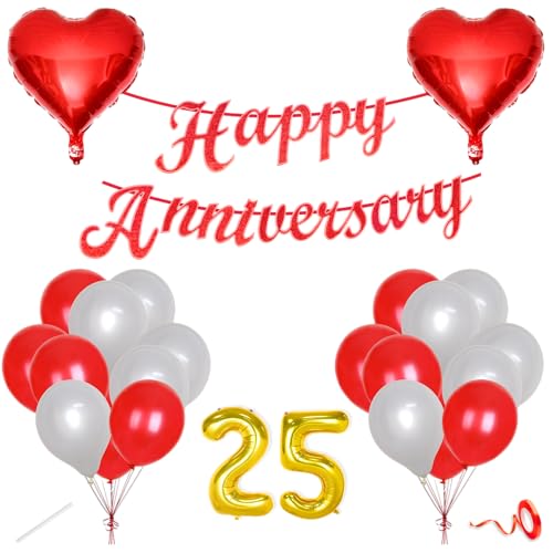 Image of Flyloons 25th Happy Anniversary Decoration Items Red White for Men Women Husband Wife Mom Dad Couple Bedroom Car With 20 Pcs Metallic Balloons Anniversary Banner 2 Pcs Heart Set Kit Silver Jubilee