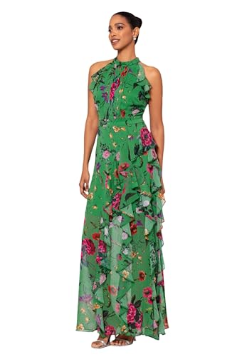 Betsy & Adam Women's Sleeveless Halter Neck Long Chiffon Floral Ruffle Dress2