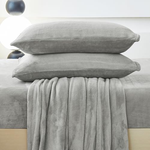 HCORA Queen Fleece Sheet Set, 16" Deep Pocket, Light Grey