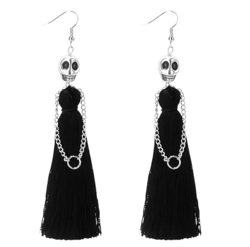 Pendientes de borla de calavera gótica de Halloween, color negro y plateado, talla única, Metal, Sin piedra preciosa