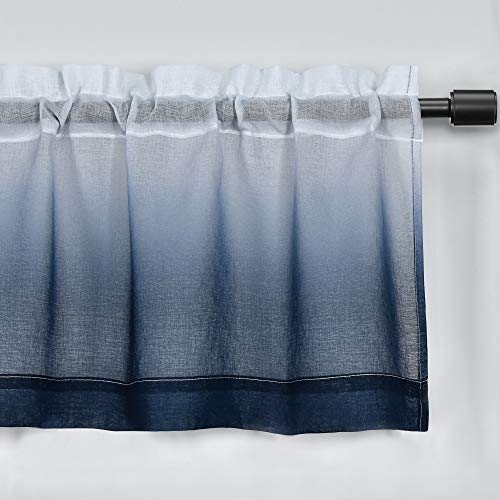 Seeglee Ombre Sheer Tier Curtains Valances Linen Look, Small Drapes For Nursery Window Treatment Panels, 30 Inches Wide X 14 Inches Long Per Panel, Navy Blue,2 Pieces #TOP1
