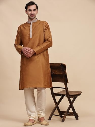 Image of SKAVIJ Men's Art Silk Embroidered Kurta Pajama Set Thread Work Ethnic Motifs Festive Party Dress