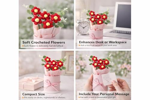 Image of Raggle Red Artificial Flower Crochet Flower Bouquet /Artificial Flowers Bunch /Crochet Flowers Bouquet /Crochet Flowers /Flowers Bouquet Gift for Girls Home Decor (1, Red)
