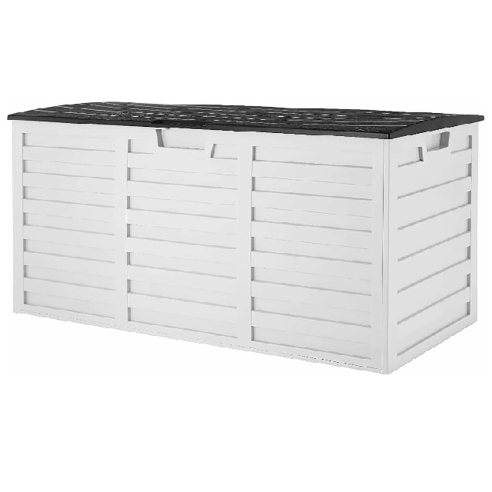 Lar - Scatola da giardino impermeabile, chiudibile, per attrezzi da giardino, spaziosa (bianco, 112,6 x 48,8 x 53,2 cm)
