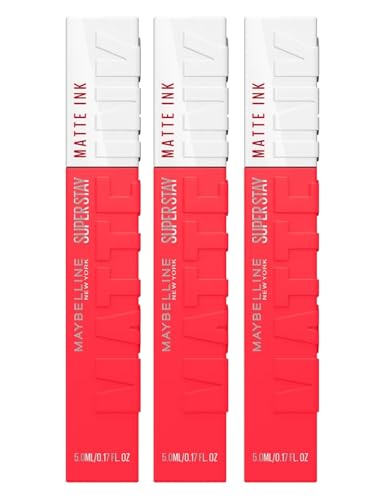 Maybelline New York SuperStay Matowy Ink Kolor Usta Wynik Dekoracyjny i Jednolity z Aplikatorem Toe Kolor 25 Heroine Długotrwałe 16h - 3 Szminki