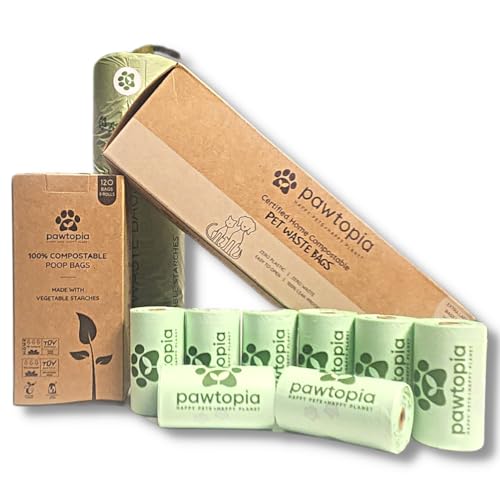 Image of Pawtopia Pet Waste Bag Duo - 120 Standard Sized-Dog Poop Bags (8 rolls) + 100 Extra Large Cat Litter Bag with Handles (1 single roll), Vegetable Starches, Tuv Austria, Leak-Proof, Yard Pickup
