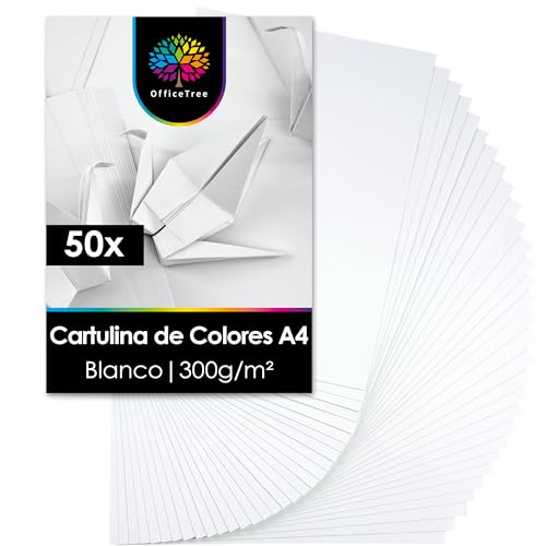 OfficeTree 50x Cartulina Blanca A4 300g - Cartulinas Blancas A4 para Manualidades, Recortar e Imprimir - Papel A4 300gr - Cartulina Gruesa ✅