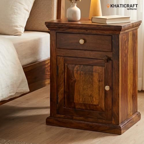 Image of Solid Sheesham Wood Nitya Bedside Table with Drawer and Door Storage for Bedroom | Wooden Nightstand Side Table for Living Room Home and Hotels | Honey Finish