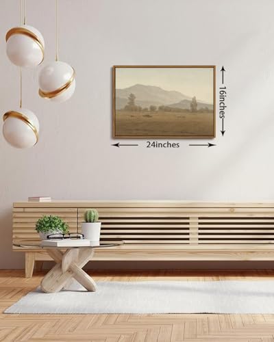 Image of KISSFOX Vintage Landscape Framed Wall Art Grassland Mountain Canvas Wall Art Minimalist Neutral Farmhouse Serene Countryside Paintings Artwork Rustic Art Prints For Bedroom Living Room