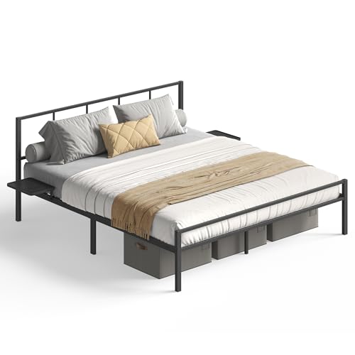 VASAGLE Doppelbettgestell, Bett, 160 x 200 cm, Metallbett, Bettrahmen, mit Kopfteil, modern, mit Aufbewahrungsregalen, Gästebett, für Teenager, Mattschwarz RMB195B01