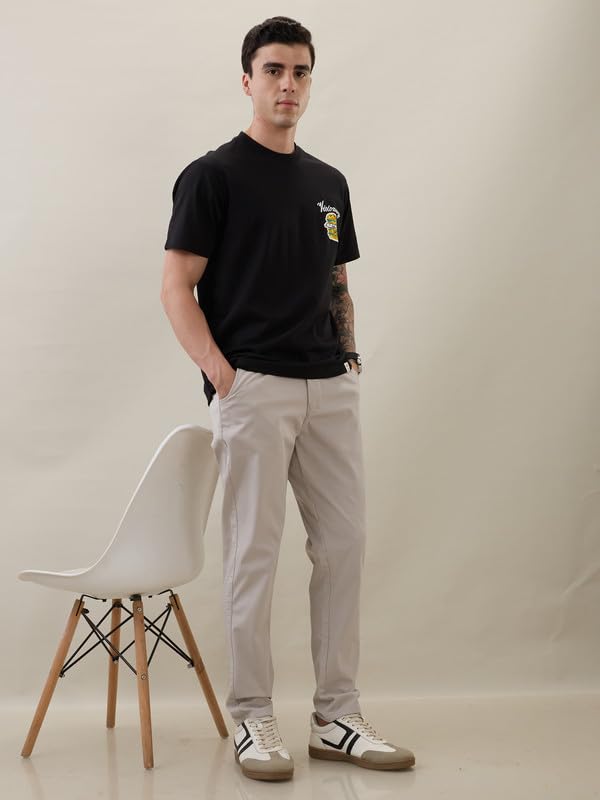 Image of Nostrum Men's Smart-Casual Tapered Trousers for Men, Charcoal, Cotton Corduroy, Mid Rise, Regular Slim Fit with Adjustable Belt, Side and Back Pockets, Casual Wea