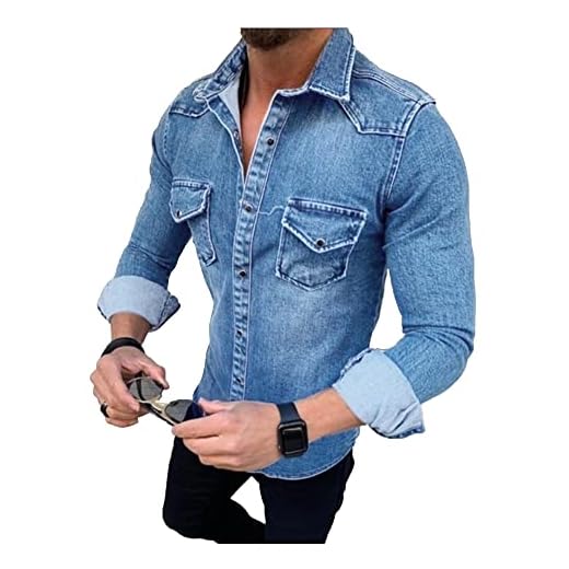 Dressnu Camisa masculina slim jeans casual manga longa jaqueta camisa, Azul claro, G