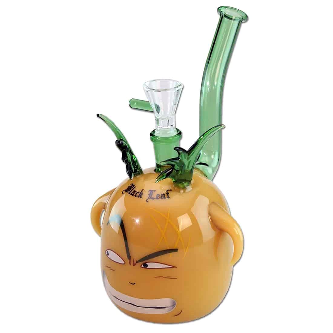 Black Leaf Grumpy Percolator Bong 20 cm | Arancio/Verde | Percolator Bong 14,5 (NS 14) in vetro borosilicato, percolatore forato e testa lift-off | Erbe bong in vetro, design Grampy | Ø 90/16 mm