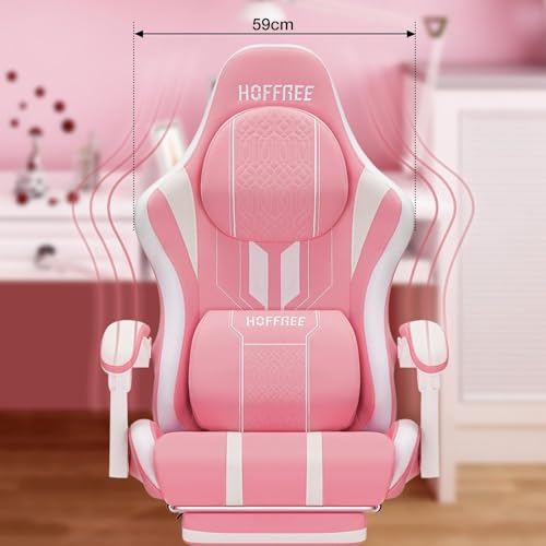 HOFFREE Gaming Chair with Massage Big and Tall Game Chairs with Footrest Computer Gaming Chair for Adults 400lb for Heavy People Pink and White - Image 3