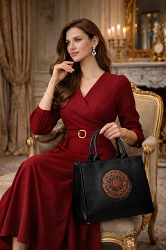 Image of Women's Leather Tote Bag | Structured for Office, Casual, Party & Formal Use | Stylish Shoulder Carry Tote (Black)