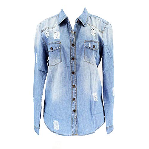 A Dash of Chic Juniors Mid Wash Distressed Denim Shirt, Collared Long Sleeve Lightweight Slim Fit Denim Shirt (XXXL) Blue