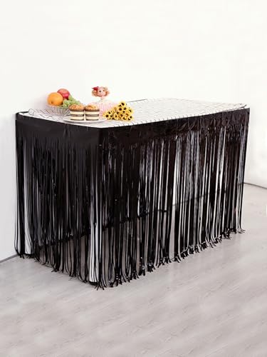 Namzi Set of 5 Black 29x108 Inch (9 Feet Long) Metallic Foil Fringe Table Skirt, Tinsel Disposable Skirting for Parade Floats Trailer, Mardi Gras Party, Birthday, Baby Shower, Wedding
