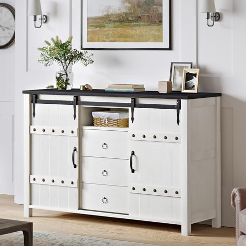 48 Farmhouse Buffet Cabinet with Sliding Barn Doors & Drawers in White for Kitchen, Dining Room, Living Room