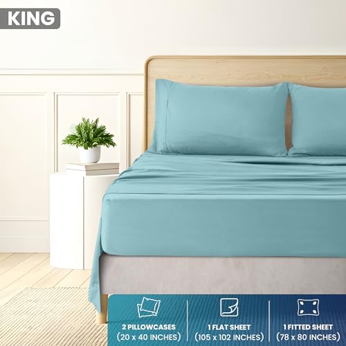 Image of Utopia Bedding King Sheet Set, Soft Microfiber 4 Piece Bed Sheets with 15 inch Deep Pocket - Easy Care Brushed Microfiber (King, Spa Blue)