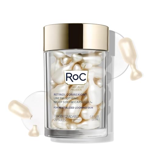 RoC Retinol Correxion Anti-Aging Wrinkle Night Serum, Retinol Serum for Face, Daily Treatment for Fine Lines, Post Acne Scars, 30 Capsules, Unscented, 0.35 Fl Oz