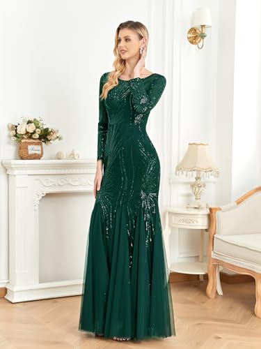 Image of Long Sleeve Sequin Evening Dress Glitter Mermaid Long Gown for Mother of The Bride Or Wedding Guest