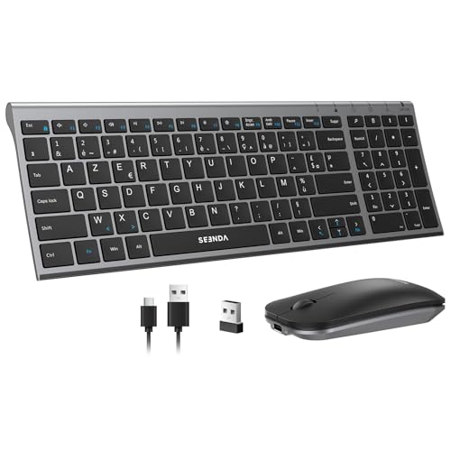 seenda WGJP-031B Combo Clavier et Souris sans Fil Rechargeable, Silencieux, Ultra-Fin, AZERTY Français, 2,4 GHz Récepteur USB, avec Pavé Numérique, pour Windows, PC,...