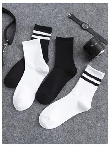 Image of OYOANGLE Women's 4 Pairs Striped Casual Crew Socks Breathable Solid Mid Calf Socks Black and White One-Size