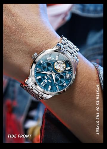 Image of OLEVS Mens Automatic Mechanical Watch Skeleton Tourbillon Luxury Dress Stainless Steel Wrist Watch