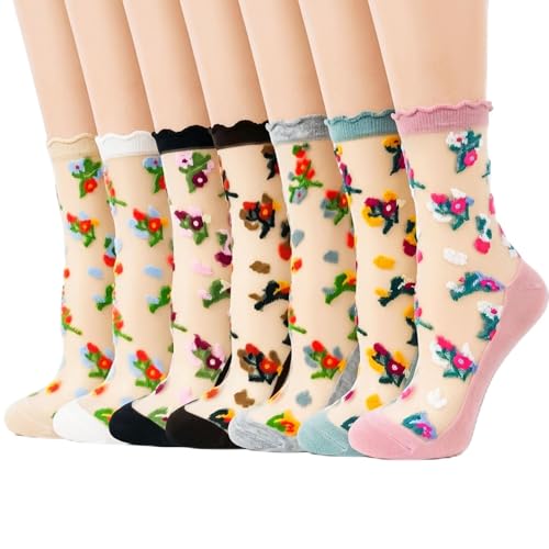 Image of 5 Pack Flower Sheer Socks for Women Ruffle Lace Ankle Socks