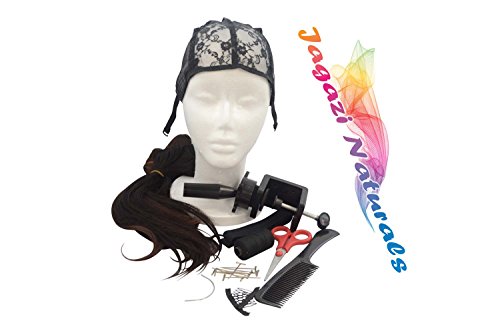 Perfect For Gift.Set. Complete Starter Wig Making Set.Wig Cap. Comb. C Clamp. Weaving Thread. Sewing Needle. Elastic Band, Hair Extension. T Pins. Wig Combs. Scissors (Styrofoam head)