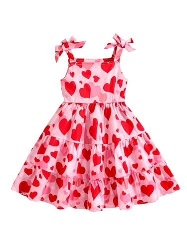 WDIRARA Toddler Girl's Heart Print Tie Shoulder Tiered Ruffle Sleeveless Swing A Line Dresses