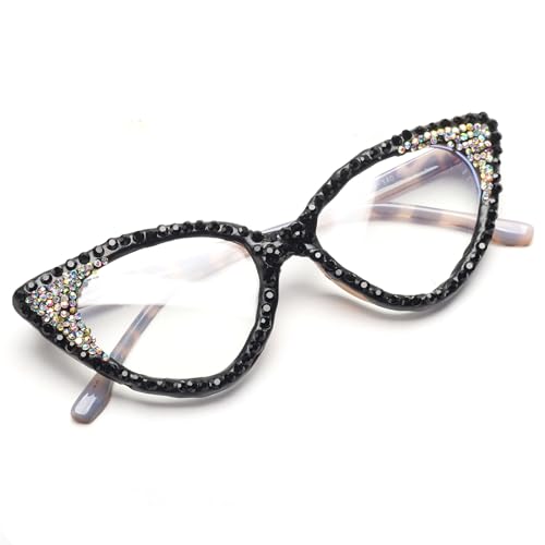 bullabulling Cat Eye Crystal Rhinestone Reading Glasses for Women Sparkling Eyewear Frames Female Trendy bling Diamond Reader (black, 2.0, x)