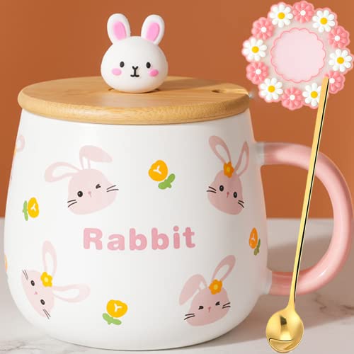 Arawat Tasse Lapin avec couvercle Mug Lapin Cadeau Drôle de tasse à café Céramique 400ml Tasse à thé avec cuillère & soucoupe Douceur Thé Café Tasse Cute Cadeau d'anniversaire