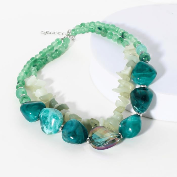 Double Layer Bead Declaration Fashion Necklace, Turquoise and Mint Green Beads, Large Gemstone Jewelry