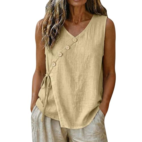Débardeur Femme en Lin Tank Top Décontracté Tee Shirt sans Manche Col en V Haut Femme Chic et Élégant Couleur Unie Hauts D'Été Léger Respirant Gilet pour Quotidien Vêtement de Plage Vacances