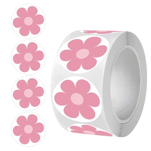 500PCS Pink Flower Stickers 1in Waterproof Decals Pink Flower Self-Adhesive Sticker Rolls for Bottle Scrapbook Journal Envelope Decorations
