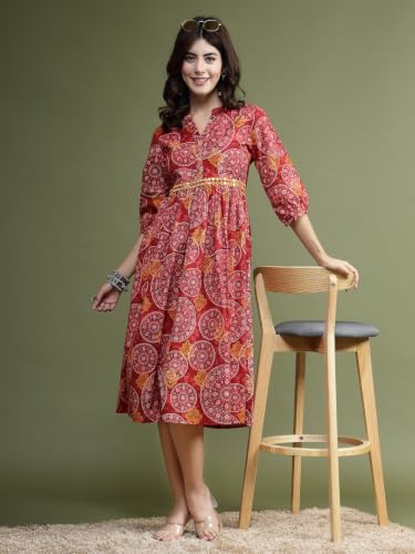Image of Rama's Women's Printed Cotton One Piece Dress | V-Neck | 3 /4 Sleeves | Empire Waist | Knee Length Casual Dress for Women
