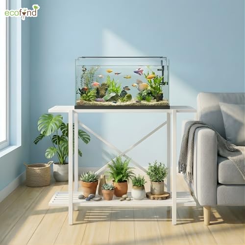 Image of ecofynd 2-Tier Fish Tank Stand, Double-Layer Aquarium Stand with Adjustable Table Feet, Heavy Metal Storage Rack Suitable for Home and Office, (White, FS-PS049)
