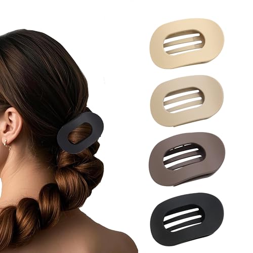 Bphne 4 Pack Flat Hair Clips for Women Matte Oval French Claw Clips 3.8 Inch Non Slip Strong Hold for Thick & Thin Hair Lay Flat Design for Work Yoga Daily Styling (C)