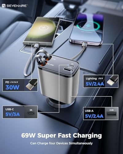Image of Sevenaire Retractable Car Charger, 69W Super Fast Car Charger with Cables, Type C & USB-A Ports, USB-C & L Retractable Cables (80cm),Compatible with iPhones,iPad, & Type C Android Phones