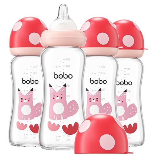 Image of YOHKOH Natural Glass Baby Bottle with Natural Response Nipple, Newborn Anti-Colic Baby Bottles, Wide Neck Mushroom Cap Baby Bottle, Clear (8.8ounce (Pack of 4), Red2)