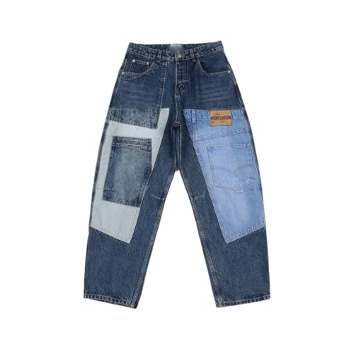 Men’S Y2K Vintage Patchwork Loose Fit Baggy Wide Leg Denim Pants Zipper Fly Midweight Hip Hop Streetwear Full Length Jeans