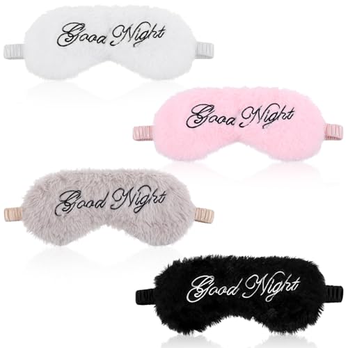 Dimeho 4個 プラッシュスリープアイマスク ソフト 睡眠 目隠し ふわふわ 快適 アイシャード 毛皮のようなスリーピングアイカバー 伸縮性のあるストラップ付き シルクバック 旅行 お泊まり お昼寝 パーティー サプライ 女の子 女性