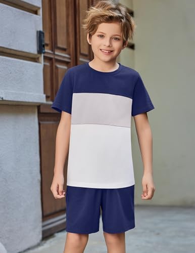 Image of Arshiner Boys' 2-Piece Cotton Outfit Color Block T-Shirt and Shorts Set Summer Camo Clothes for Kids 5-14 Years