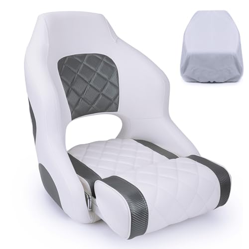 SUNDGORA Premium Captain's Bucket Seat Flip Up Boat Seat with Seat Cover, White/Charcoal
