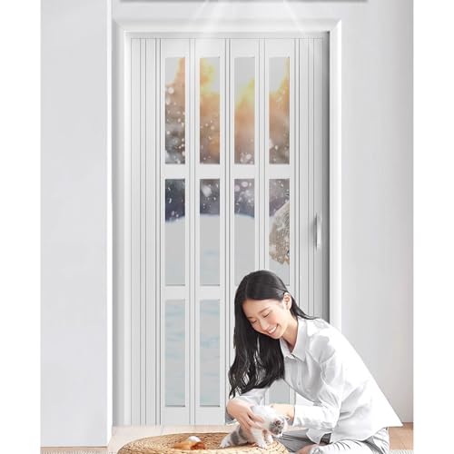 Accordion Doors for Doorway Interior, 80 in Tall White Louvre Doors Internal Folding Doors/Sound Proof Barn Doors with Hardware Kit & Track, Office Closet Laundry Room Kitchen Temporary Gate, PVC(73x