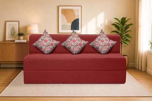 Image of Three Seater Sofa Cum Bed Jute Fabric 5 X 6 Ft| Space Saving Foldable Sofa Bed for Living Room & Guest Room | Comfortable Multi-Functional Furniture - Red