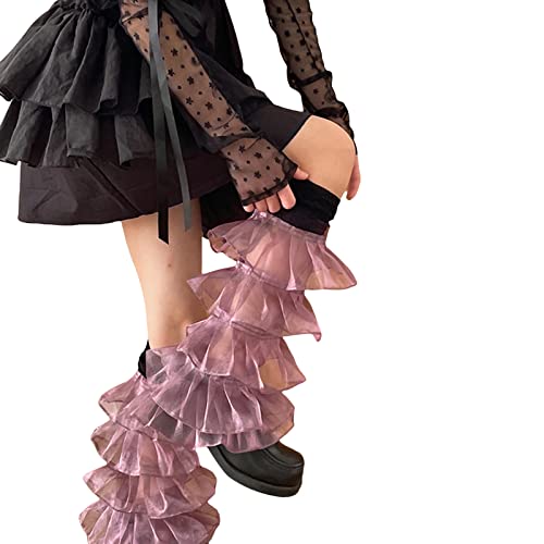 Image of Women Leg Warmers Ruffled Lace Patchwork Long Thigh High Socks Boot Cuffs Cover for Streetwear